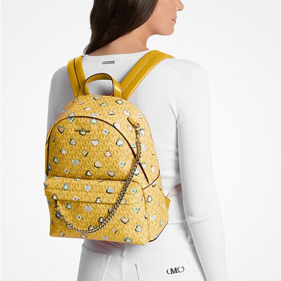 New Michael Kors Slater Medium Printed Signature Logo Backpack Honey Multi - Picture 2 of 3